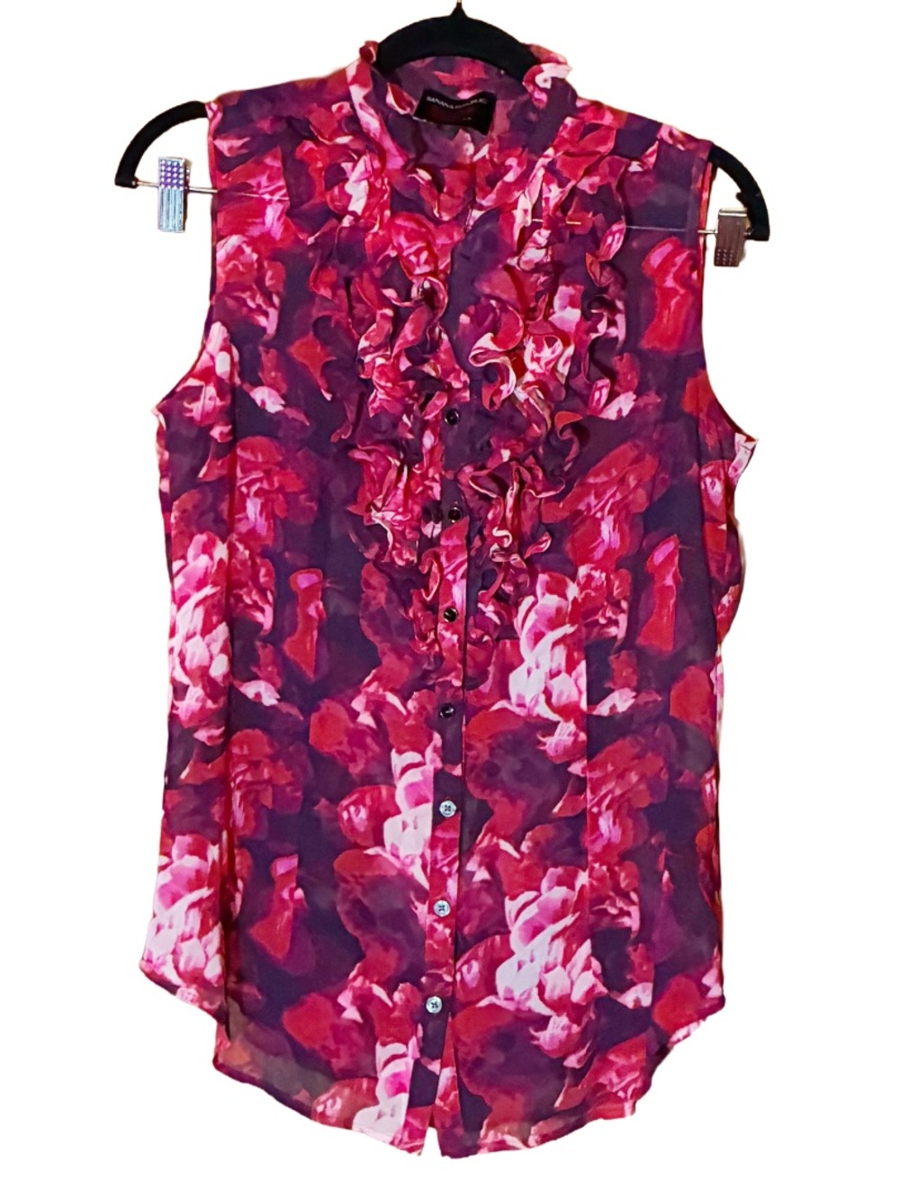 Blouse Banana Republic Ruffle Sleeveless Sheer Pink Red Floral Top Size 6